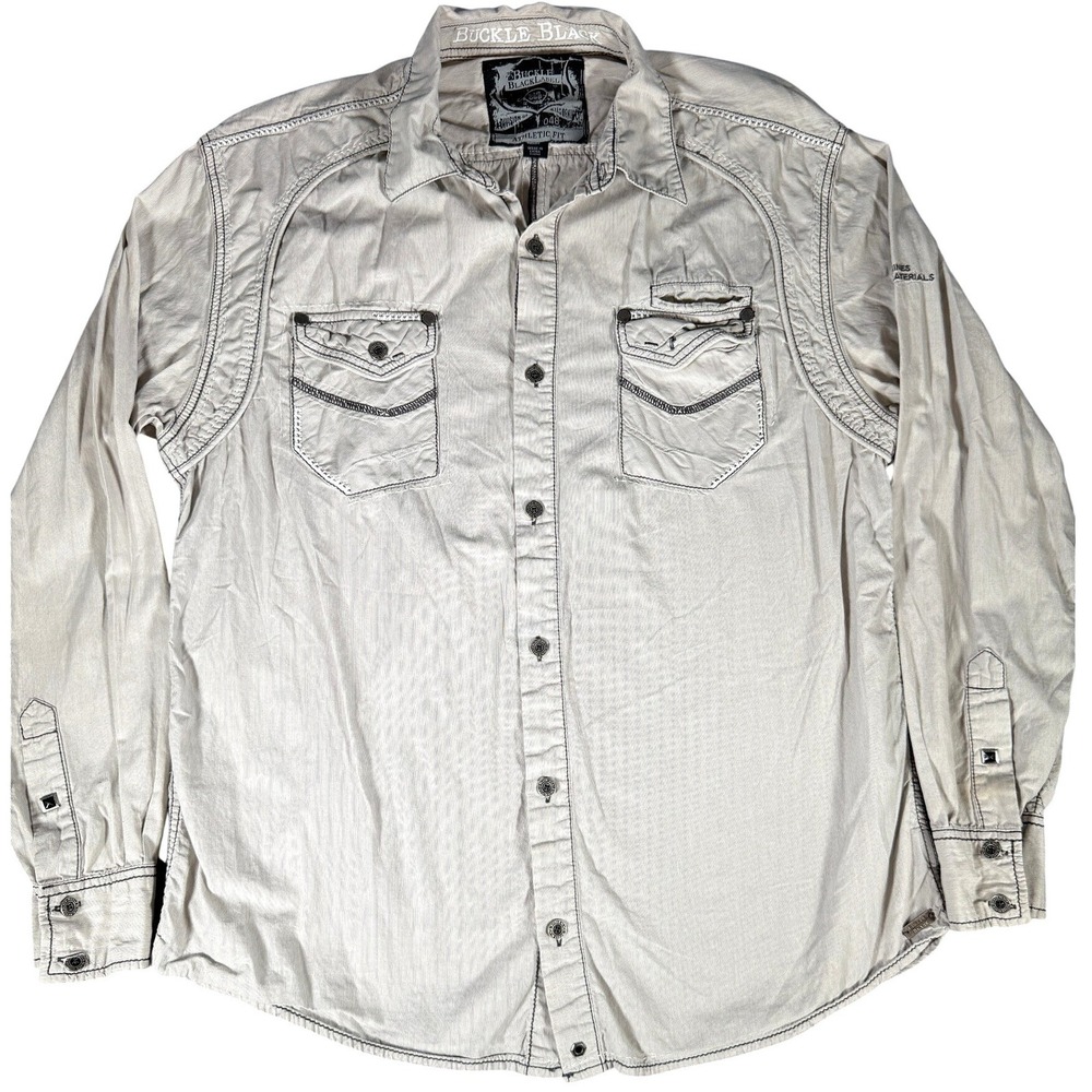 Buckle Black Mens Athletic Fit Button Down Shirt Tan Long Sleeve Large